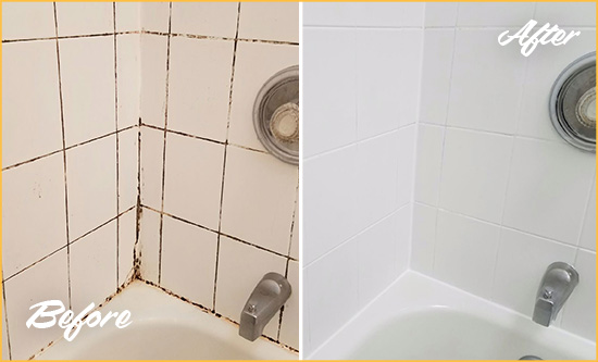 Before and After Picture of a Great Lakes Tub with Sealed Grout to Eliminate Mold