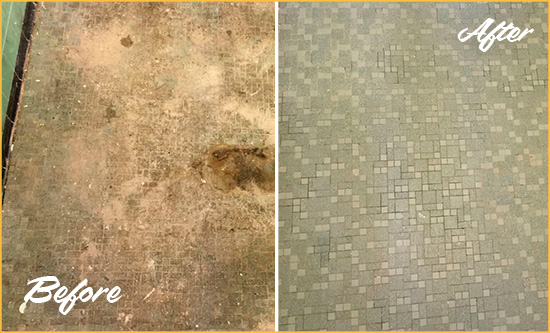 Before and After Picture of a Wilmette Mosaic Shower Cleaned to Eliminate Embedded Dirt