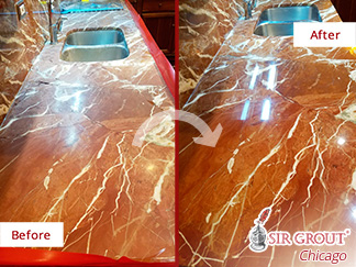 Before and after Picture of This Marble Kitchen Countertop Shining after a Stone Polishing Job Done in Chicago