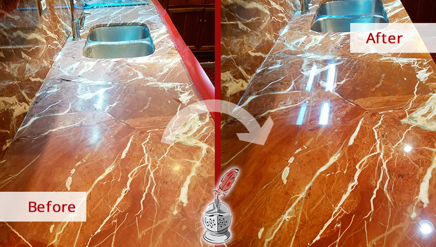 Before and after Picture of This Marble Kitchen Countertop Shining after a Stone Polishing Job Done in Chicago