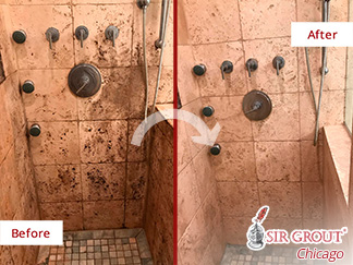 Before and after Picture of This Shower Revitalized Thanks to a Our Stone Cleaning Job in Chicago, IL
