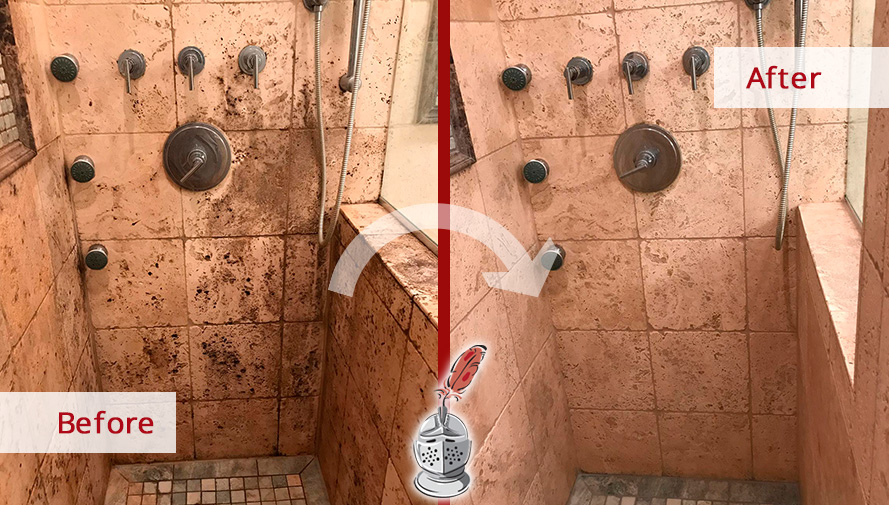 Before and after Picture of This Shower Revitalized Thanks to a Our Stone Cleaning Job in Chicago, IL