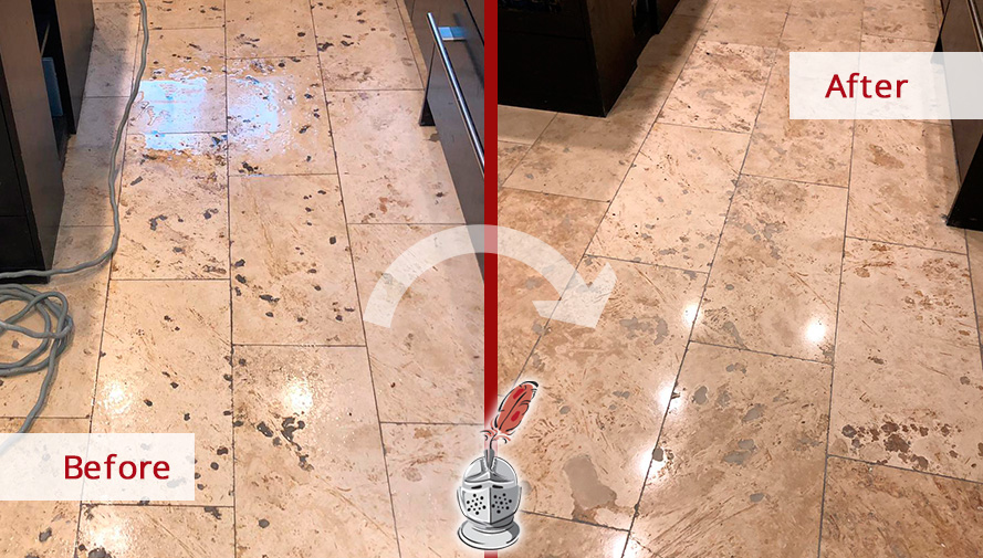 Before and after Picture of This Travertine Floor Restored after a Stone Polishing Service in Lincoln Park