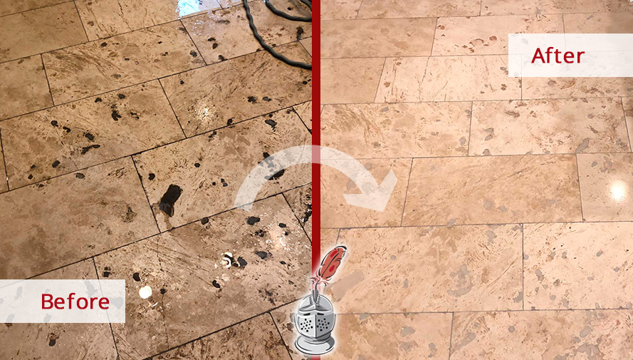 Before and after Picture of This Travertine Floor Restored after a Stone Polishing Job Done in Lincoln Park