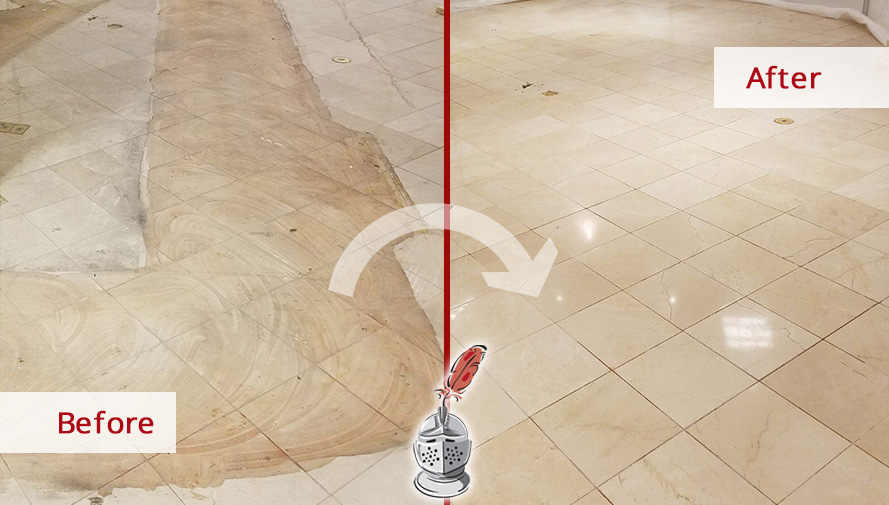 Before and after Picture of Macy's Floor after a Stone Honing Job in Chicago, IL