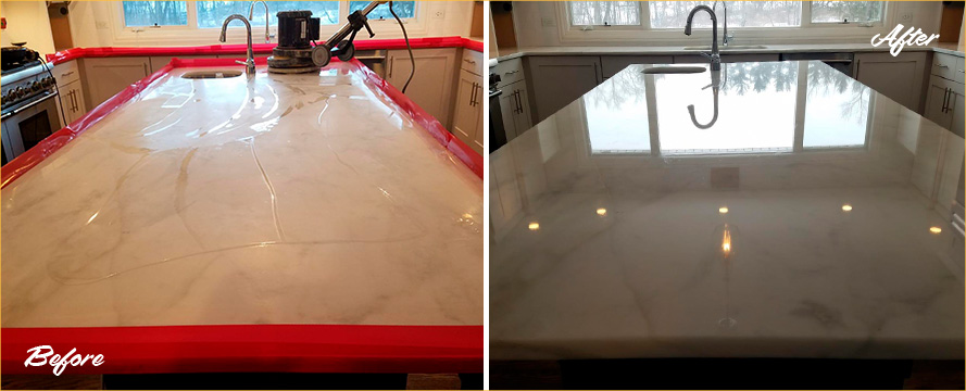 Before and after Picture of This Marble Countertop after a Stone Polishing Job in Chicago, IL