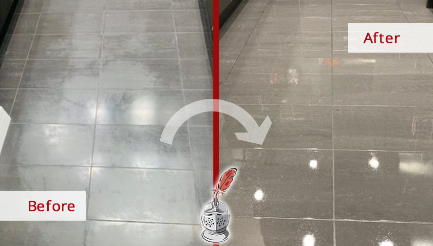 Before and after Picture of a Kitchen Floor after a Stone Polishing Job in Chicago, IL