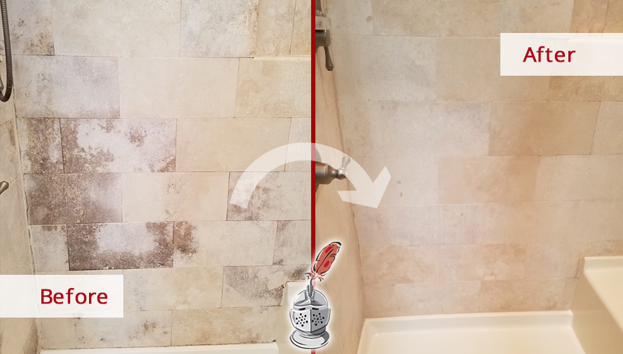 Before and after Picture of This Limestone Shower after a Stone Cleaning Job in Chicago, IL