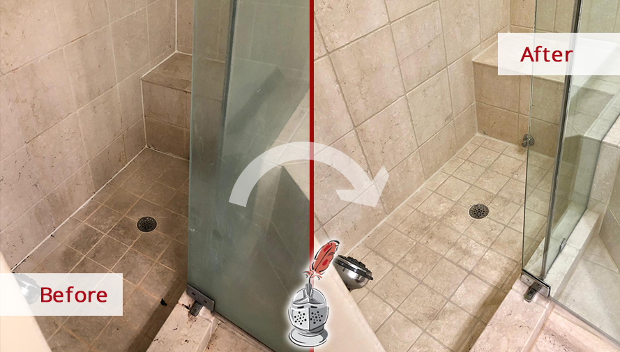 Before and After Picture of Shower Stone Cleaning in Chicago, IL