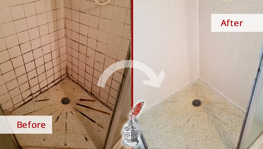 Image of a Damaged Shower Before and After Our Grout Cleaning in Chicago, IL