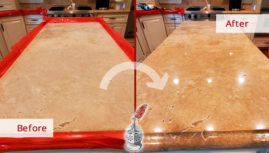 Image of a Travertine Kitchen Island Before and After a Stone Honing in Uptown, IL