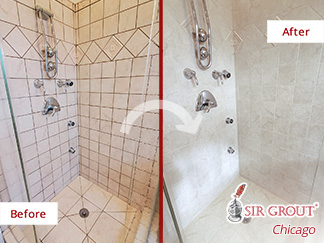 Image of a Shower Before and After a Grout Cleaning in Glenview, IL