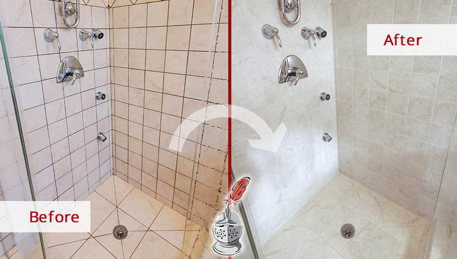 Image of a Shower Before and After a Professional Grout Cleaning in Glenview, IL