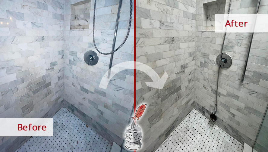 Picture of a Marble Shower Before and After a Superb Stone Cleaning in Hinsdale, IL