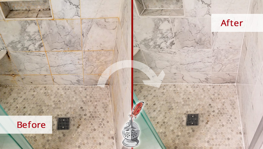 Shower Wall and Floor Before and After a Grout Sealing in Glencoe
