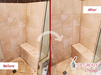 Picture of a Shower Before and After a Grout Recoloring in Lincoln Park, IL