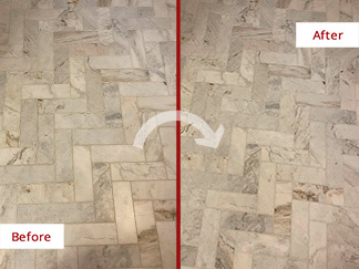 Image of a Floor Before and After a Grout Recoloring in Lakeview, IL