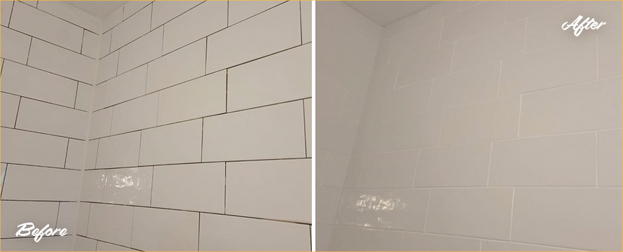 Shower Floor Before and After a Remarkable Grout Cleaning in Avondale, IL