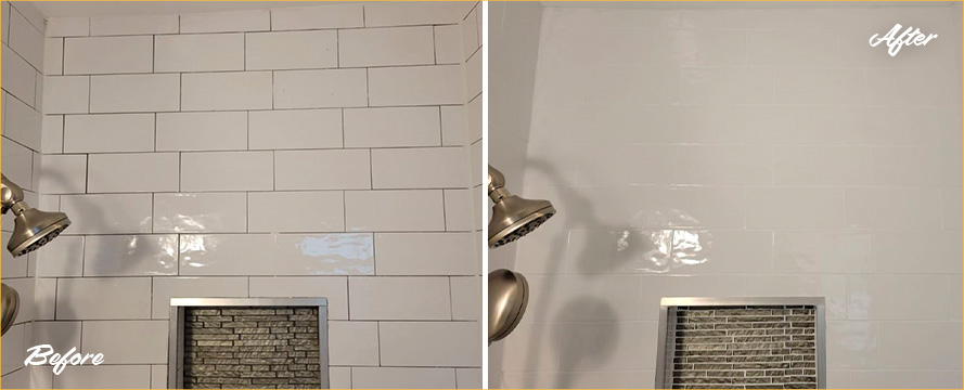 Shower Walls Before and After a Professional Grout Cleaning in Avondale, IL