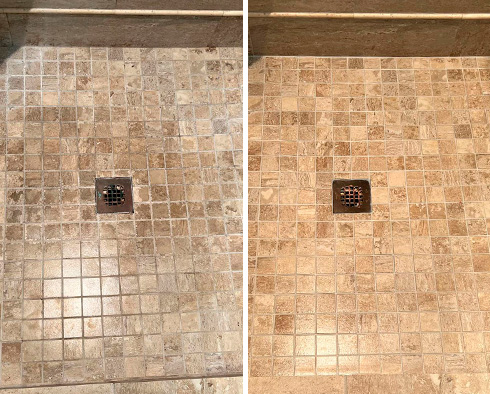 Shower Floor Before and After a Service from Our Tile and Grout Cleaners in Lake Forest