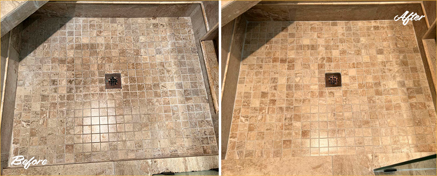 Shower Floor Before and After a Service from Our Tile and Grout Cleaners in Lake Forest