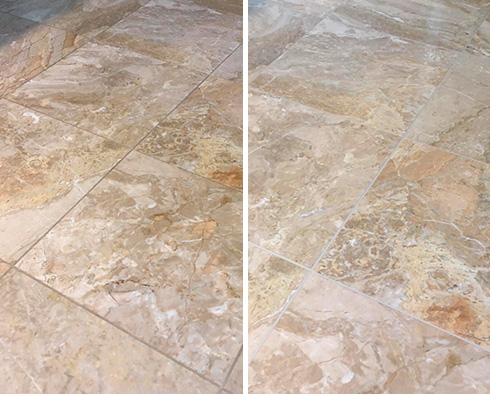 Porcelain Kitchen Floor Before and After Our Tile and Grout Cleaners in Avondale, IL