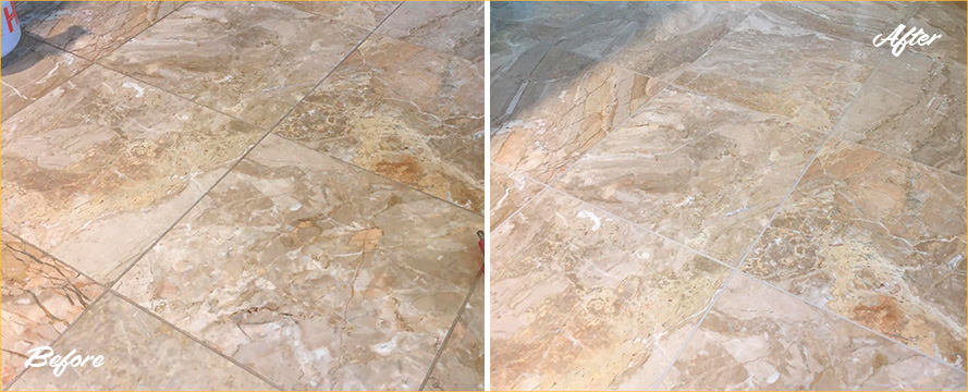 Porcelain Kitchen Floor Before and After Our Tile and Grout Cleaners in Avondale, IL