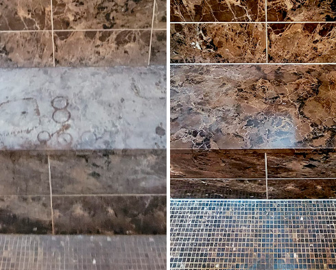Brown Marble Shower Before and After Our Stone Cleaning in Wheaton, IL