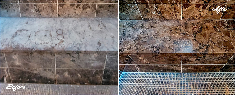 Brown Marble Shower Before and After Our Stone Cleaning in Wheaton, IL