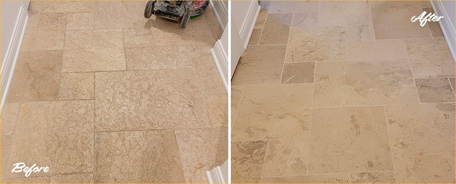 Travertine Floor Before and After a Stone Cleaning in Lakeview