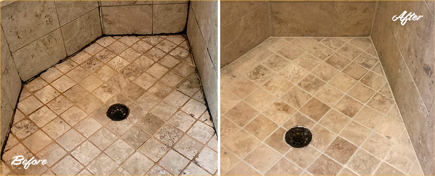 Travertine Shower Before and After Our Hard Surface Restoration Services in Chicago
