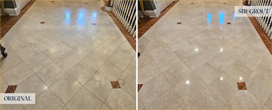 Foyer Floor Before and After a Stone Polishing in Park Ridge, IL