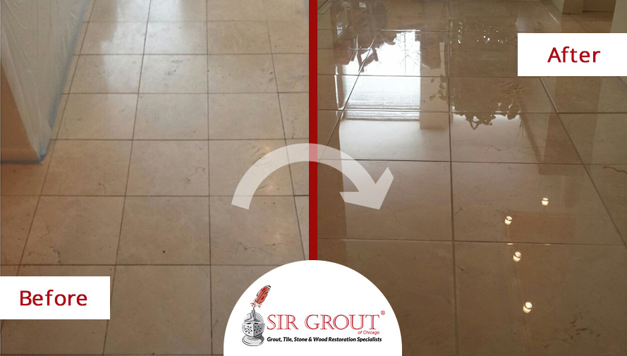 Picture of a Marble Floor Before and After a Stone Polishing in Lakeview Neighborhood