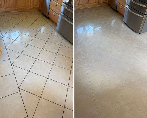 Kitchen Floor Before and After a Grout Cleaning in Lincoln Park