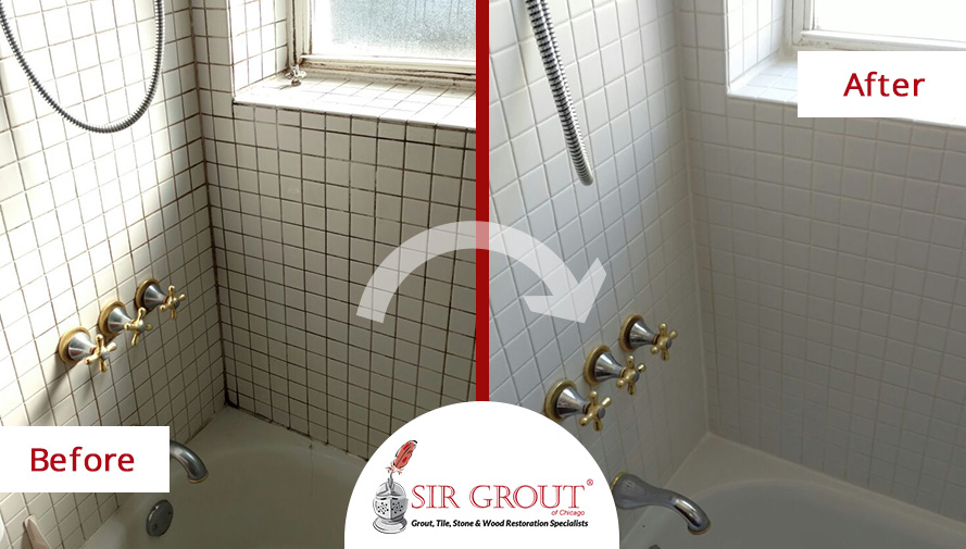 Before and After Picture of a Bathtub Grout Cleaning Service in Chicago