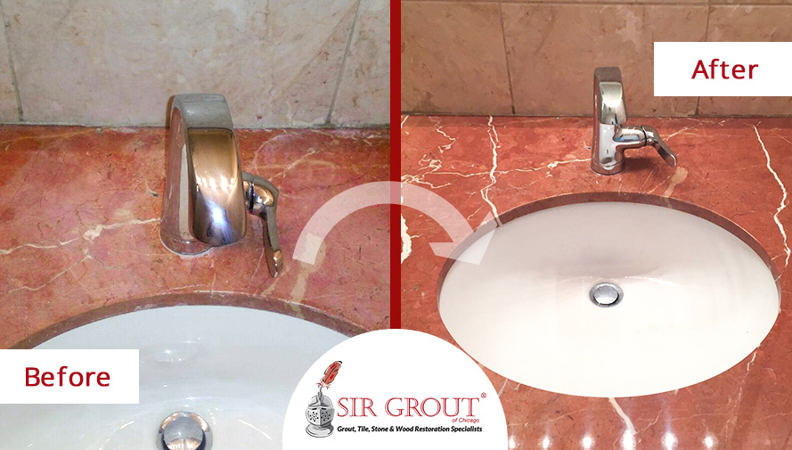Before and After Picture of a Red Marble Countertop Stone Sealing Serice