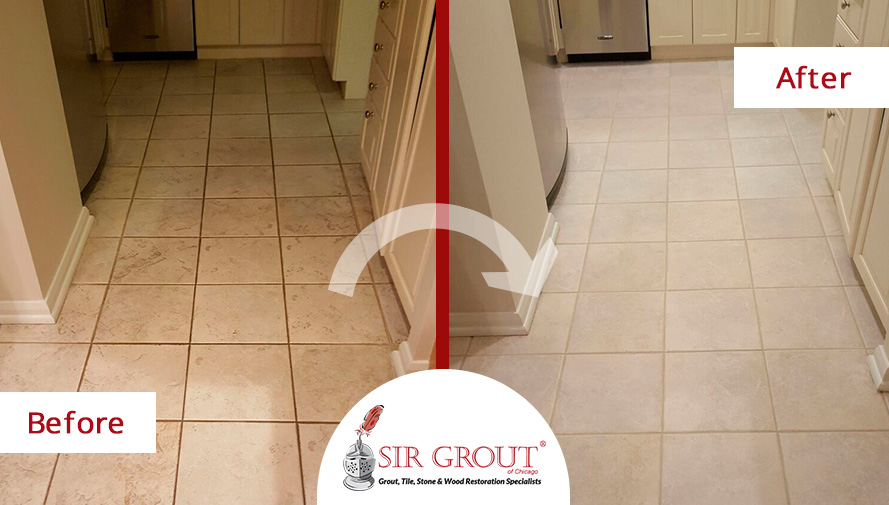 Before and After Picture of a Kitchen Floor Grout Cleaning Project for Property Managers in Chicago