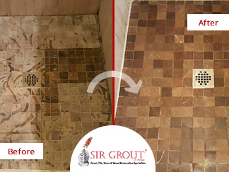 Before and After Picture of a Stone honing Service on a Limestone Shower Floor Damaged by Vinegar
