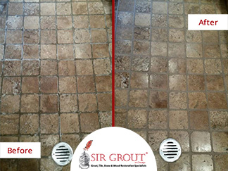 Before and After Picture of a Grout Cleaning Service on Limestone in Lincoln Park, Illinois