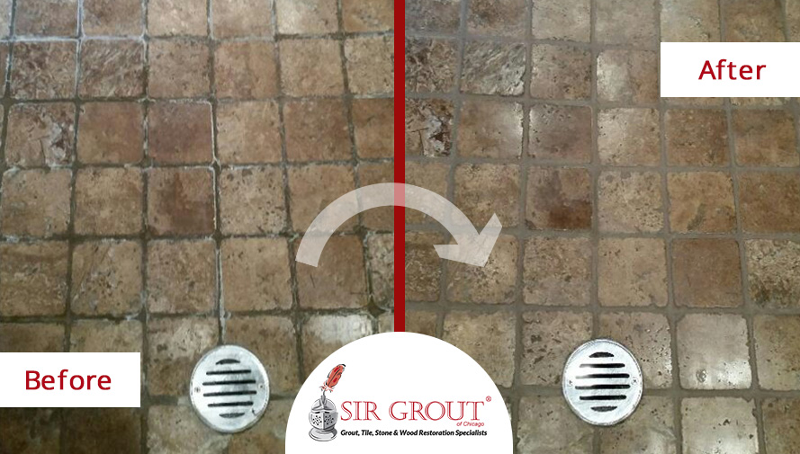 Before and After Picture of a Grout Cleaning Job on Limestone in Lincoln Park, Illinois