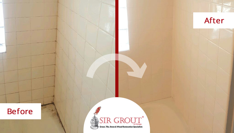 Before and After Picture of a Grout Cleaning on a Tile in Lakeview, Illinois