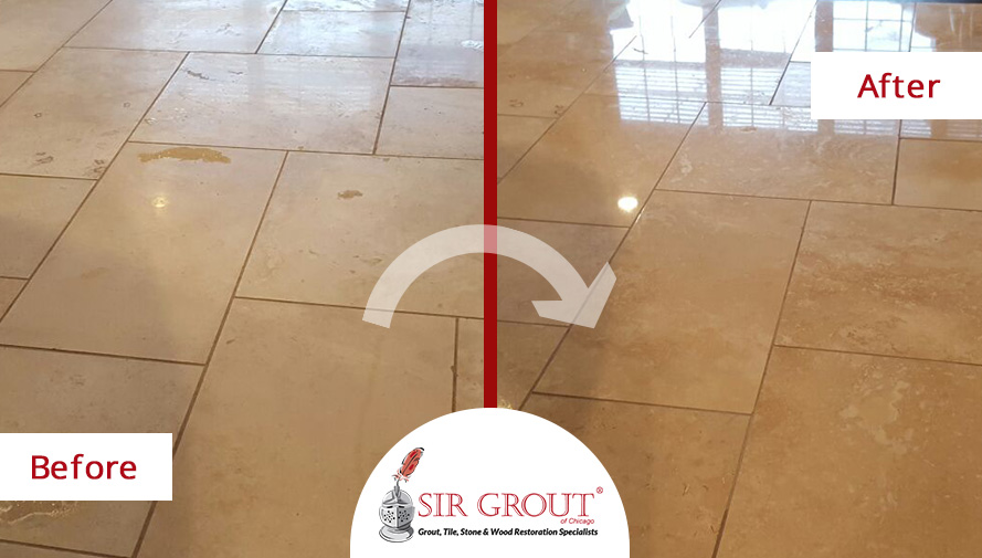 Before and After Picture of a Travertine Floor Honing and Polishing Service in Chicago