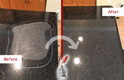 Before and After Picture of a Granite Countertop Restored to Remove Scratches
