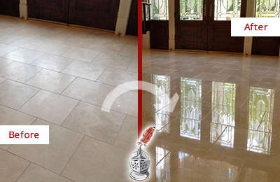 Before and After Picture of a Dull Marble Floor Restored to Recover Its Gloss