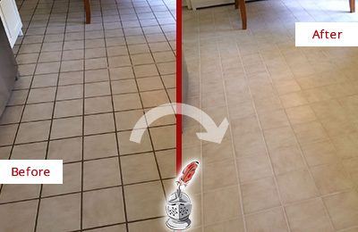 Before and After Picture of Restored Tile and Grout to Eliminate Embedded Dirt