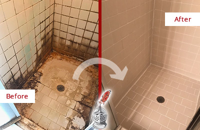 Before and After Picture of a Tile Shower Restored to Fix Water Damage