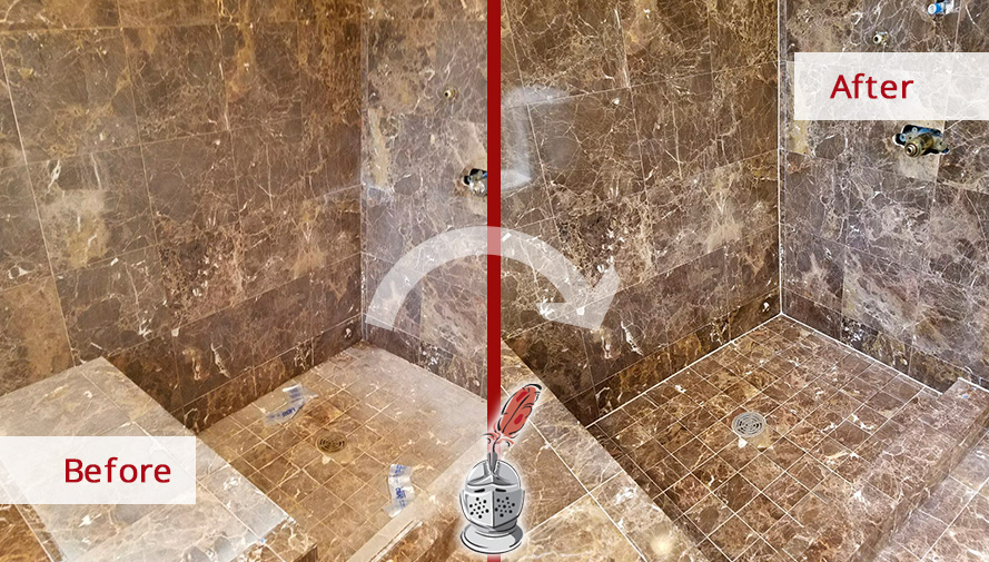 Before and after of This Stone Cleaning That Completely Regained the Appearance of This Shower in Lakeview, Illinois