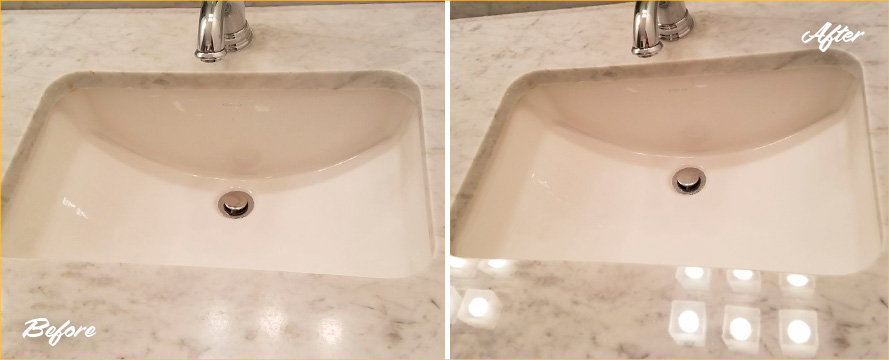 Before and after Picture of This Dull Marble Vanity Top Restored Effectivly in Chicago after a Stone Polishing Job
