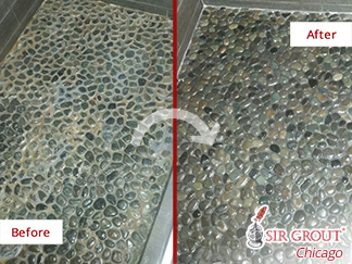 Before and after Picture of This Stone Cleaning Job in Chicago, That Brought Back to Life This River Rock Shower