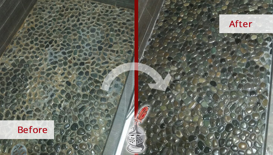 Before and after Picture of This Stone Cleaning Job in Chicago, That Brought Back to Life This River Rock Shower